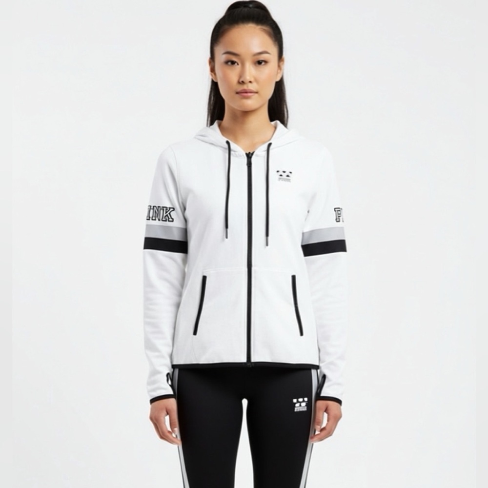 Pink Victoria's Secret fleece linen  Black and White full zip up hoodie size S